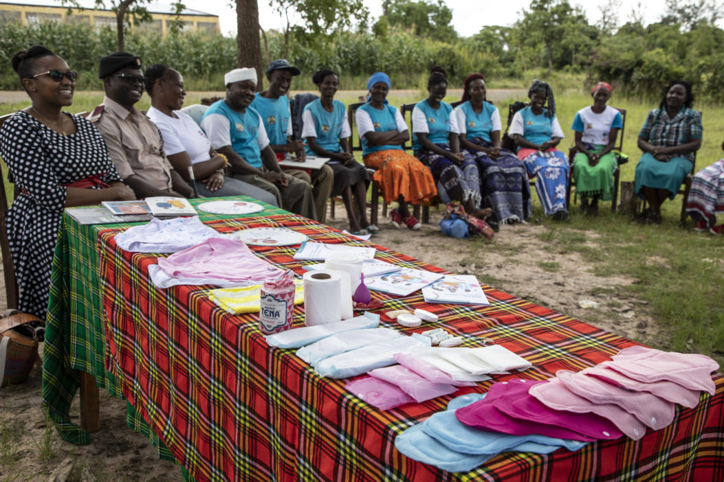 Sanitary products on the table at a menstrual hygiene management workshop