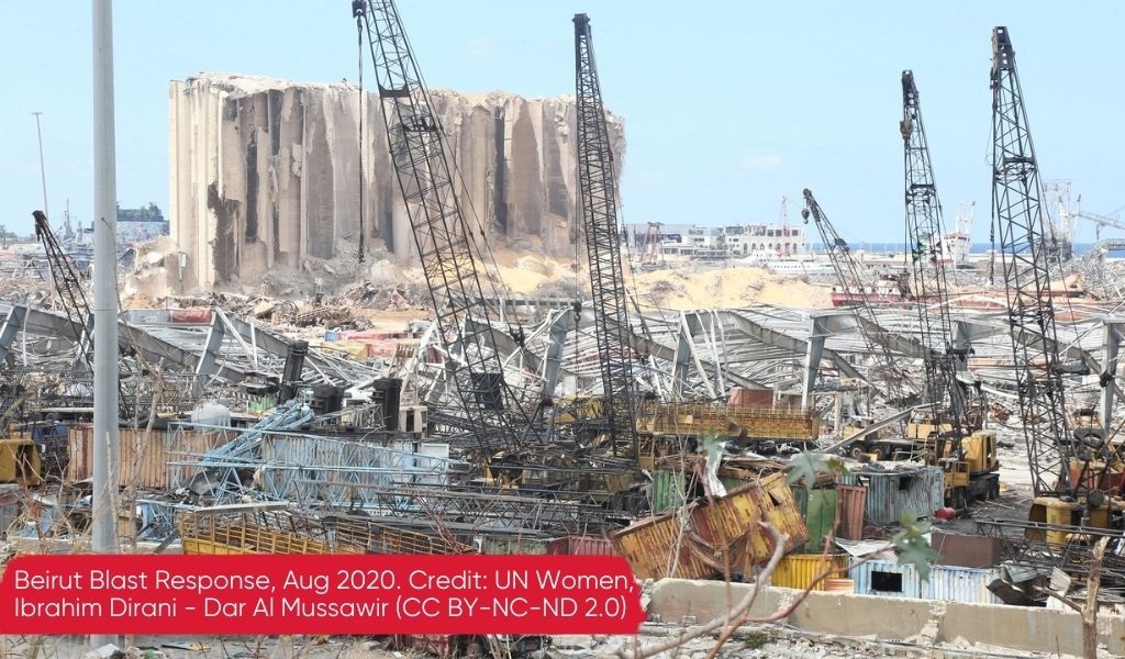 A mass of cranes and rubble on the site of the explosion in Beirut Port that took place on 4 August 2020