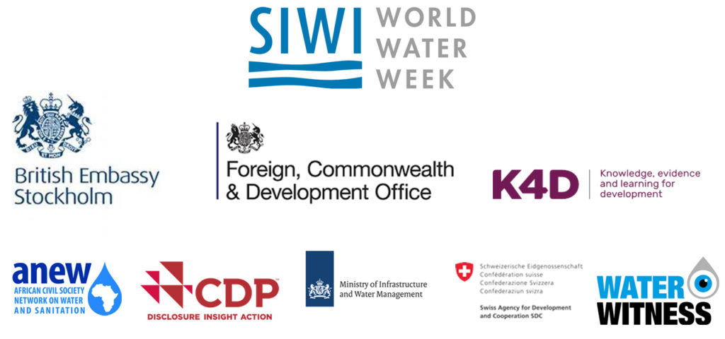 This image contains logos of the following: Her Britannic Majesty’s Embassy, Stockholm and Foreign, Commonwealth & Development Office (FCDO), UK with Knowledge, Evidence and Learning for Development Programme (K4D), Ministry of Infrastructure and Water, Netherlands Swiss Agency for Development and Cooperation African Civil Society Network on Water and Sanitation (ANEW) Water Witness International