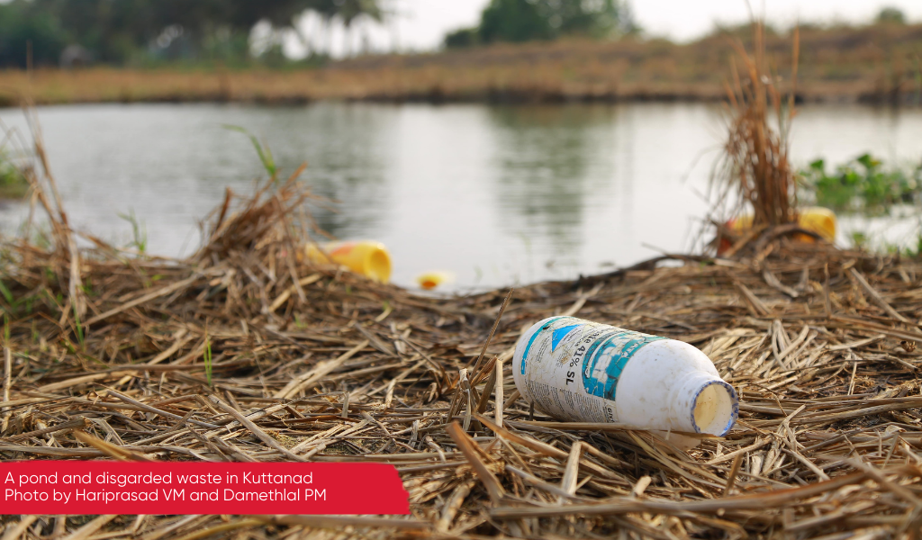 A pond littered with plastic chemical bottles in Kuttanad