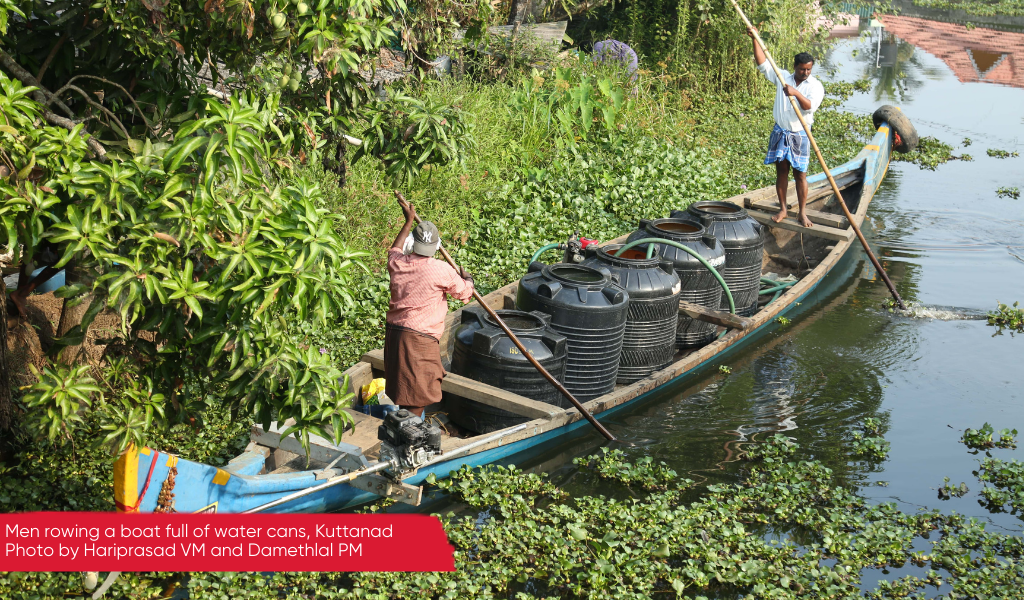 Men row big water containers down a river, Kuttanad