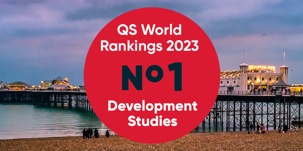 Graphic showing IDS is ranked No 1 in development studies, in front of an image of the Palace Pier
