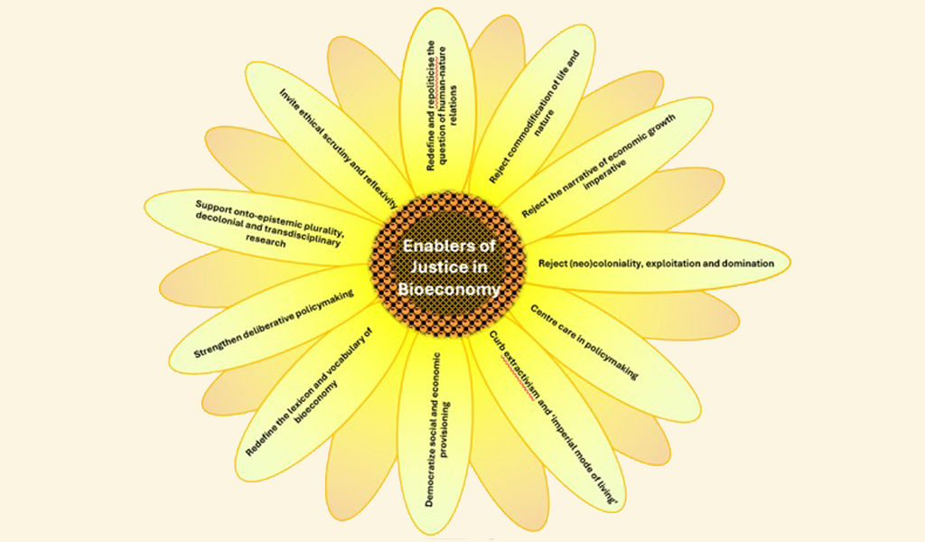 Graphic illustration of a sun flower. In the centre reads 'Enablers of justice in bioeconomy'. In each petal is written one of the 11 points listed in the main body text below.