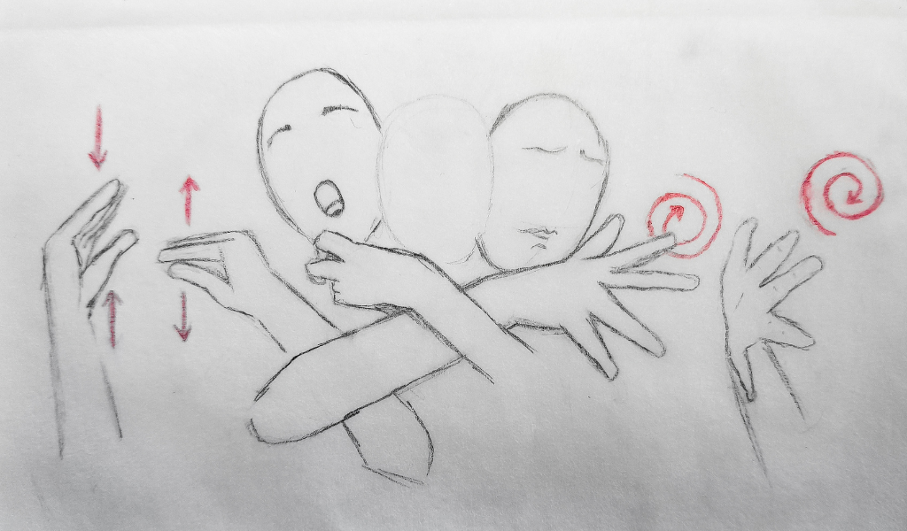 Representation of an individual caught between two worlds. In the image, a person stands in the middle, being stretched to opposite sides: the left is a person with their mouth open who is using their hands to imitate talking mouths; the person on the right instead is spreading their hands ready to start signing. In the drawing, the hand of the person on the left is constricting the movements of the person on the right. This symbolises the constant decision-making and navigation between the realm of sign language, a world of the deaf, and the vocal world of the hearing.