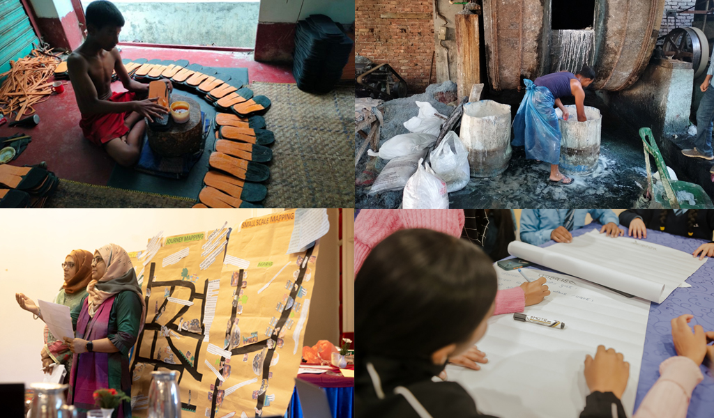 This contains 4 photos. Photo 1 is of a young boy siting down cutting leather. Phot 2 is of a man washing leather of-cuts in a white bin. Photo 3 is of two Women in headscarves standing next to flip-chart paper with maps on them. Photo 4 is off children writing on flip-chart paper.