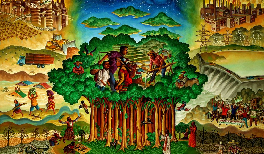 An illustration with trees in the centre and people depicted manually working in the branches. illustrations surround the central image with other examples of people working the land and setting up industry.