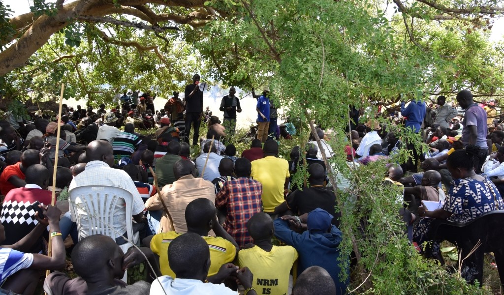 A large group of people sit under a tree, some sitting on the floor and some in chairs. The people are facing away from the camera and in the centre a man speaks into a megaphone.